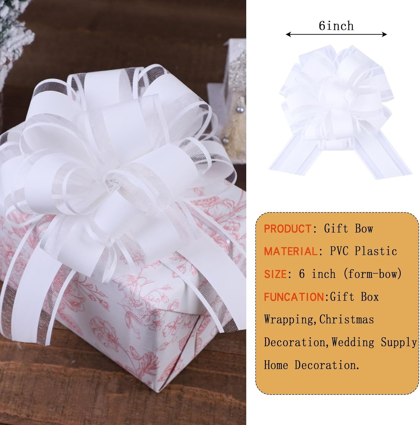 6Pcs 6inch Pull Bow Gift Wrapping,Pull Bow For Gift Basket, Gift Bag Box Wrapping Decor, Valentines Day, Birthday, Anniversary, Wedding, Flower Packaging (White)
