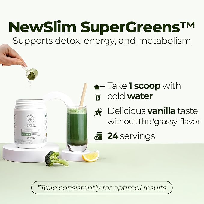Happy Mammoth NewSlim SuperGreens with Spirulina, Chlorella & Prebiotics Blend for Adults, Supports Metabolism, Energy & Reduces Carb Cravings, 24 Servings, Vanilla Flavor