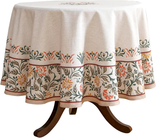 ISAENNE Floral Tablecloth for Round Tables,Linen Table Cloth with Double-Edged Lily Pattern,Heavy Durable Table Cover for Dining Thanksgiving Kitchen Decor Party Christmas,Diameter 67"