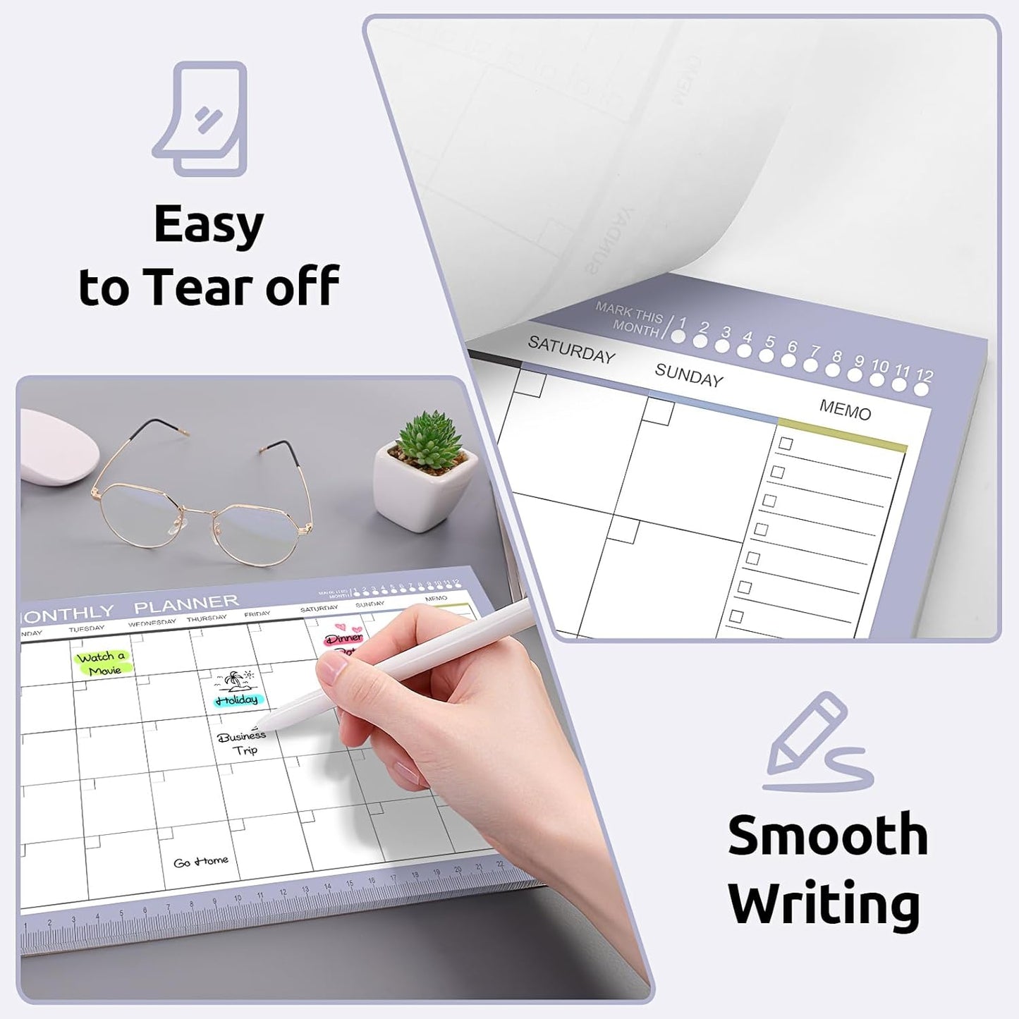 Phyxin Undated Planner, 54 Sheets Blank Calendar, 11.2" x 8.3" Monthly Calendar Planner, Tear Off Undated Monthly Planner with Memo for Women, Students, Teachers, Purple