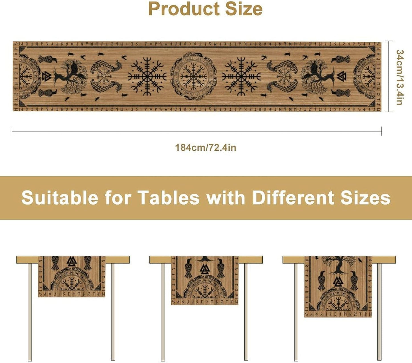 Viking Tree of Life Table Runner, Wooden Printed Eagle Dragon Boat Rudder Seasonal Kitchen Dining Table Decoration for Home Party 13x36 Inch