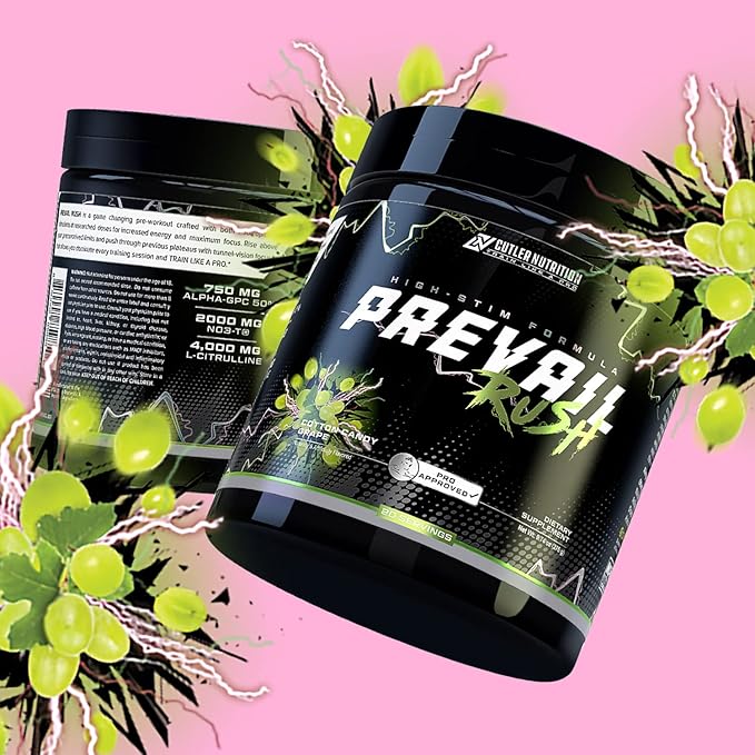 Cutler Nutrition High Stim Pre Workout Powder Prevail Rush Preworkout for Men & Women for Intense Pumps Energy and Focus with Caffeine NO3T Betaine and Dynamine | Cotton Candy Grape (20 Servings)