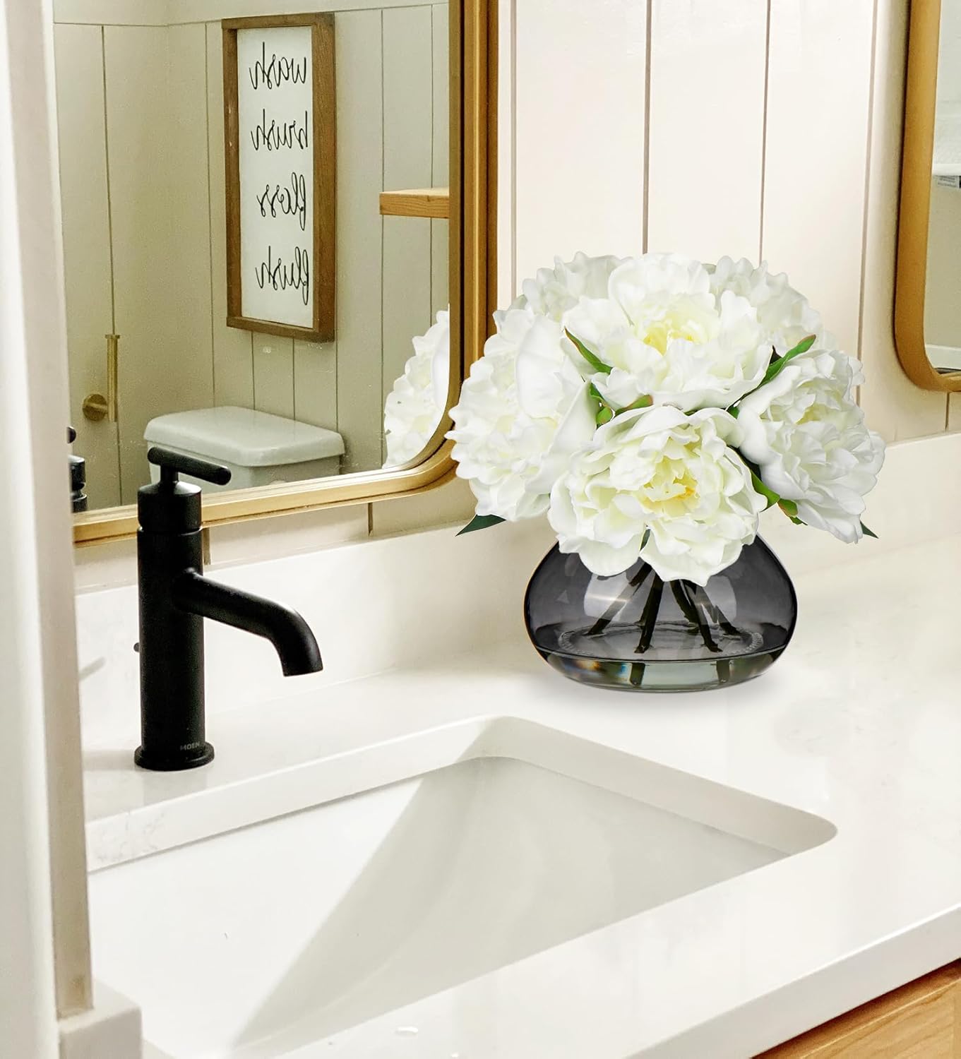 Hollyone Peonies Artificial Flowers with Vase White Peony Fake Flowers Faux Silk Flower Arrangements in Glass Vase with Faux Water Faux Floral Bulk Bouquet for Home Office Table Centerpiece Decoration