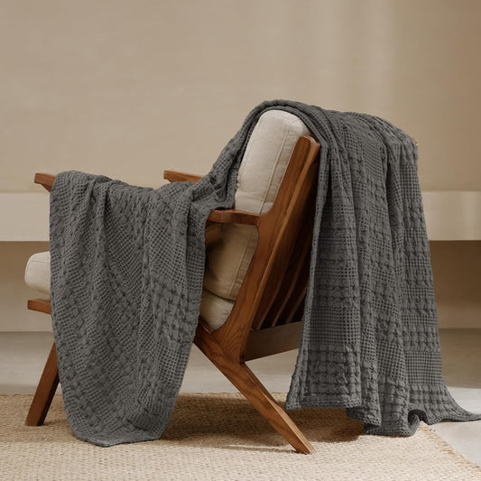 PHF 100% Cotton Waffle Weave Throw Blanket, Soft Lightweight Breathable Cozy Throws for Couch Bed Sofa, Luxury Aesthetic Woven Blanket for Home Decor & Office, 50"x60", Charcoal Grey