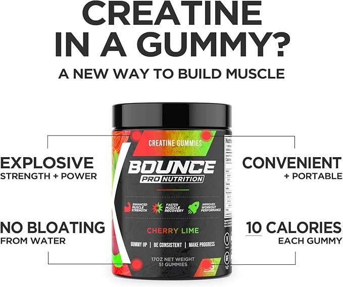 Bounce Pro Creatine Monohydrate Gummies for Men & Women, Low Calorie, 6G of Creatine per Serving, Vegan, Anti-Melting, Gluten-Free, Non-GMO, 2g of Creatine per Gummy (30ct, Cherry Lime)
