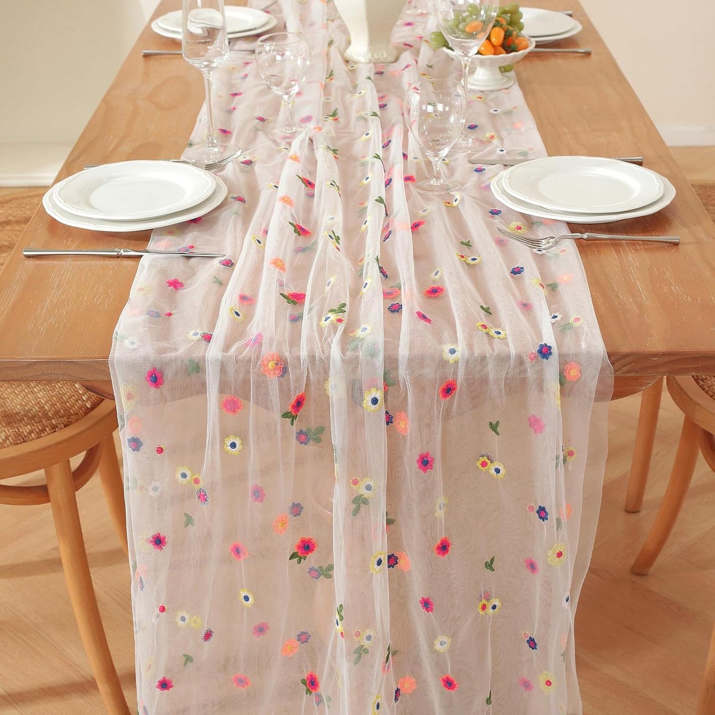 Champagne Embroidery Daisy Fall Table Runner 120Inch 10FT Florals Soft Sheer Tulle Fabric Table Runner for Home Decor, Brithday, Wedding, Baby Shower ,Holiday ,Parties, DIY Craft,1PC