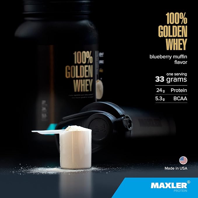 Maxler 100% Golden Whey Protein - 24g of Protein per Serving - Premium Whey Protein Powder for Pre Post Workout - Fast-Absorbing Whey Concentrate, Isolate & Hydrolysate Blend - Blueberry Muffin 5 lb
