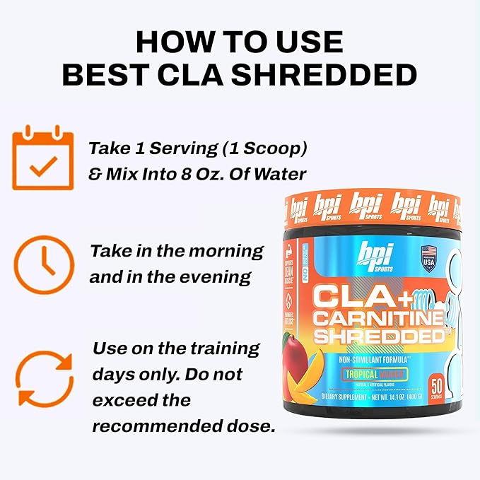 BPI Sports CLA + Carnitine Shredded - Convert Fat Cells Into Energy and Supports Lean Muscle, Boost Metabolism - Non-Stimulant L-Carnitine Supplement - Tropical Mango (14.1 oz. / 50 Servings)