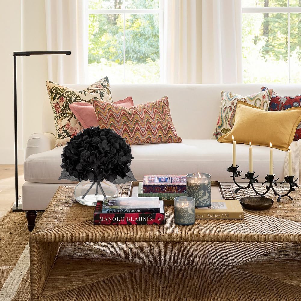 Hollyone Hydrangea Fall Flowers Artificial for Decoration with Glass Vase Black Silk Faux Flowers Arrangements in Vase with Faux Water Fake Floral Bouquet Table Centerpiece Halloween Home Decor