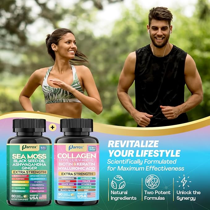 Radiant Wellness Bundle -Sea Moss, Black Seed Oil, Ashwagandha, Ginger, Collagen Types I II III V X, Biotin, Keratin, Hyaluronic Acid, Burdock Root, Turmeric, Vitamin D3, Magnesium (2 Pack)