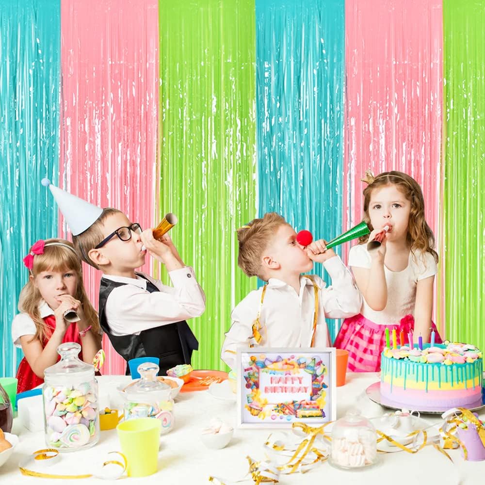 BEISHIDA 2Pcs Blue Pink Green Door Streamers Pastel Colors Foil Fringe Curtains Photo Backdrop for Wedding Party Birthday Stage Bridal Shower Decor(3.28 ft x 6.56 ft)