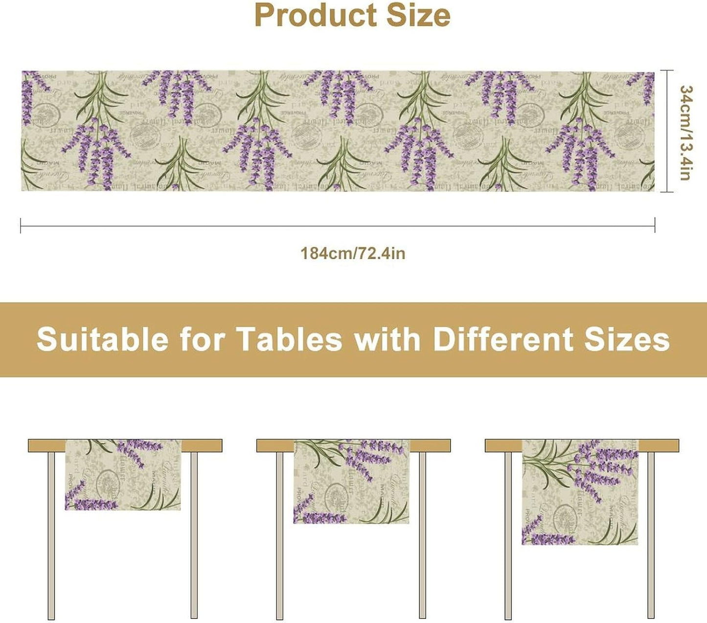 Floral Lavender Table Runner,Vintage Rustic Country Romantic Purple Flower Pattern Print Burlap for Hotel Indoors Outdoor Dining Room Kitchen Home Decor, 13x70in