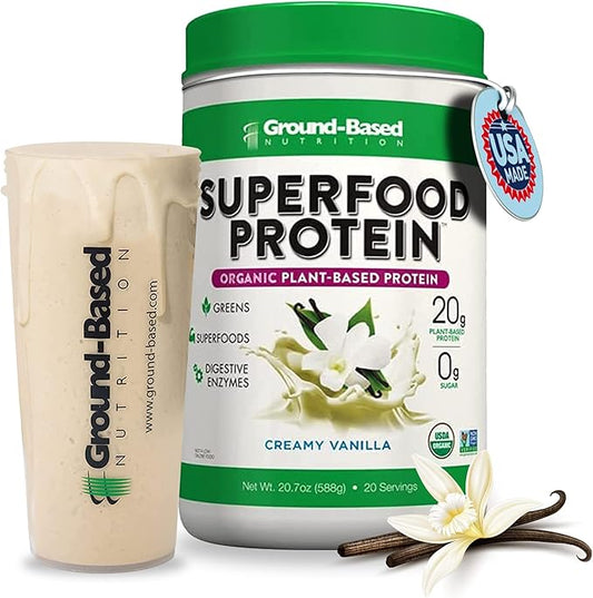 Ground-Based Nutrition Plant-Based Protein Superfood Powder - Vanilla Flavor - Vegan, Keto, Paleo Friendly - High Protein, Low Calorie, Gluten-Free - 20 Servings Creamy Vanilla