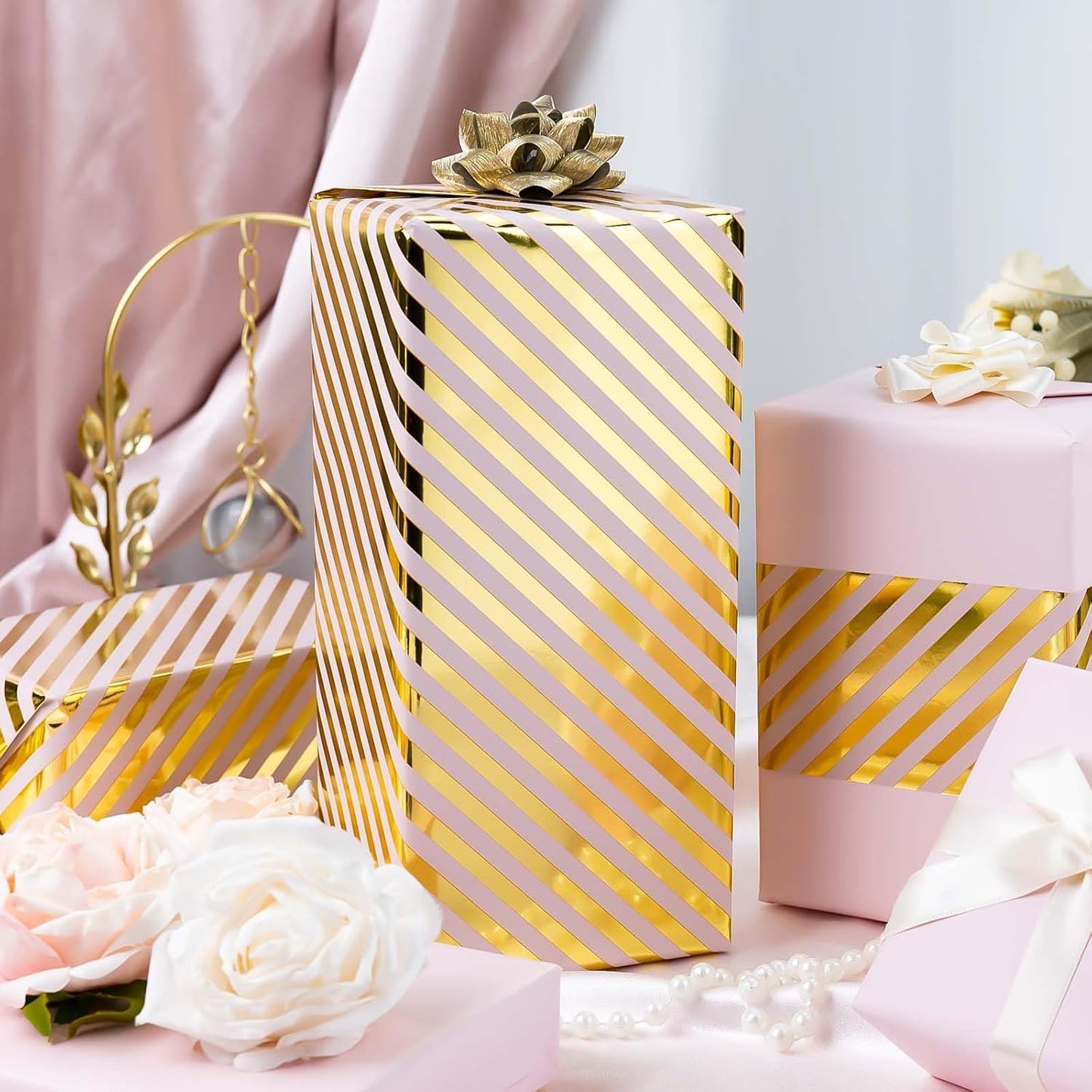 Burymento Pink and Gold Stripes Wrapping Paper, Reversible Pink Gift Wrap for Birthday, Valentines, Mothers day, Graduation, Wedding, Fathers day, Baby Shower, Christmas (17in x 32.8ft)