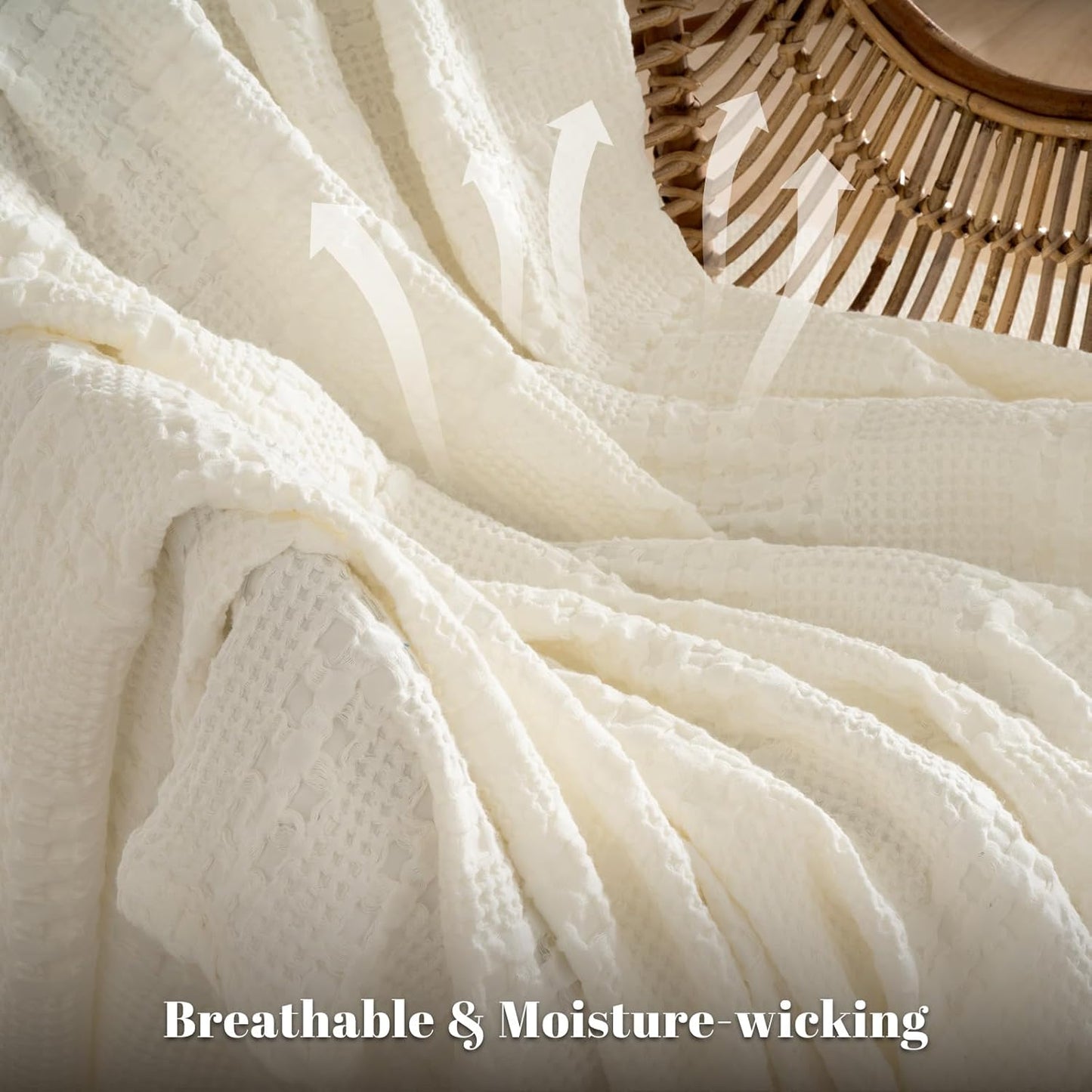 PHF 100% Cotton Waffle Weave Throw Blanket, Soft Lightweight Breathable Cozy Throws for Couch Bed Sofa, Luxury Aesthetic Woven Blanket for Home Decor & Office, 50"x60", Ivory