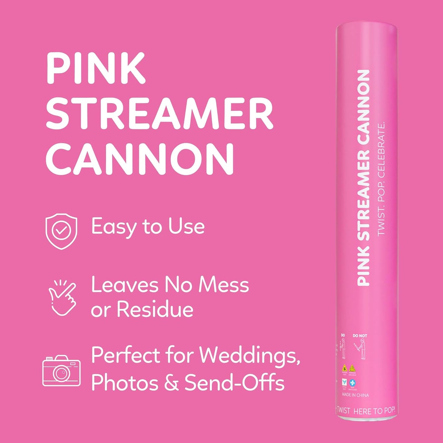 Pink Streamer Cannon Poppers | 2 Pack | Biodegradable Pink Streamers | TUR Party Supplies | Up to 25ft | Giant (12”) | Party Poppers for Graduation, Birthdays, and Bachelorette & Princess Parties