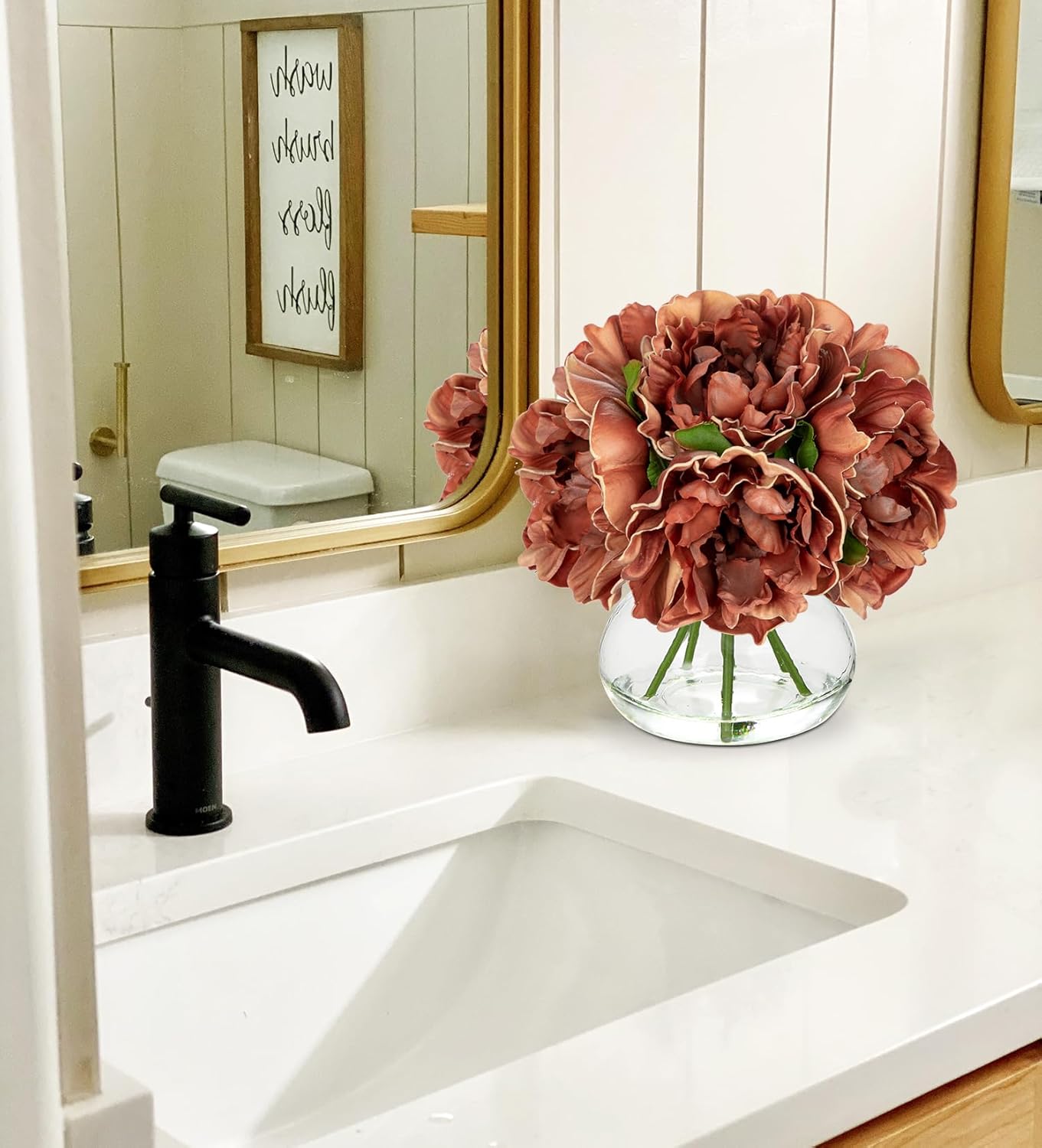 Hollyone Coffee Peonies with Vase Fall Flowers Artificial for Decoration Faux Flower Peony Fake Flowers Silk Flower Arrangements in Glass Vase with Faux Water Centerpiece Fall Decorations for Home