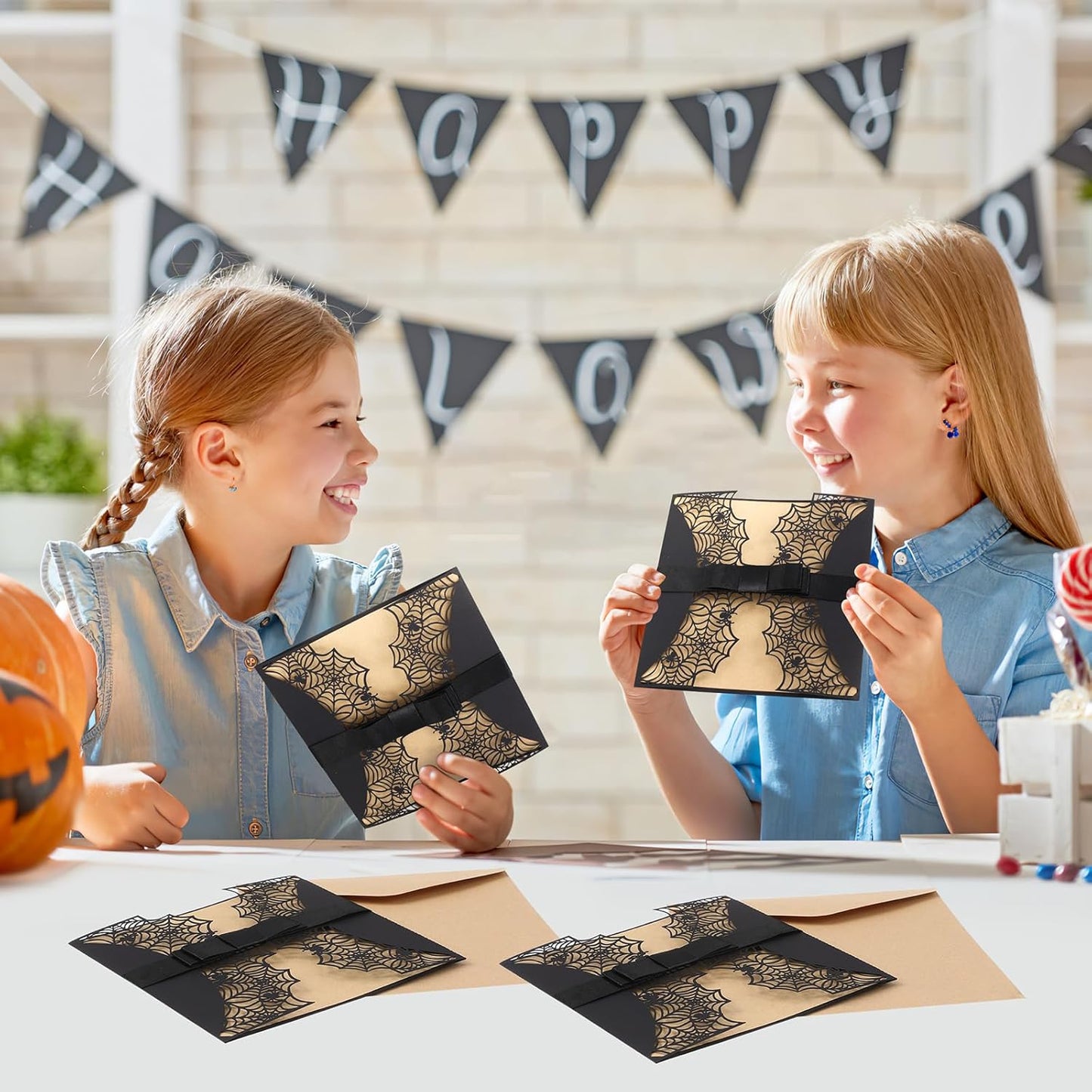 Halloween Party Invitations Cards, 10 Pcs Laser Cut Spider Web Design with Bowknots and Envelopes, Black and White
