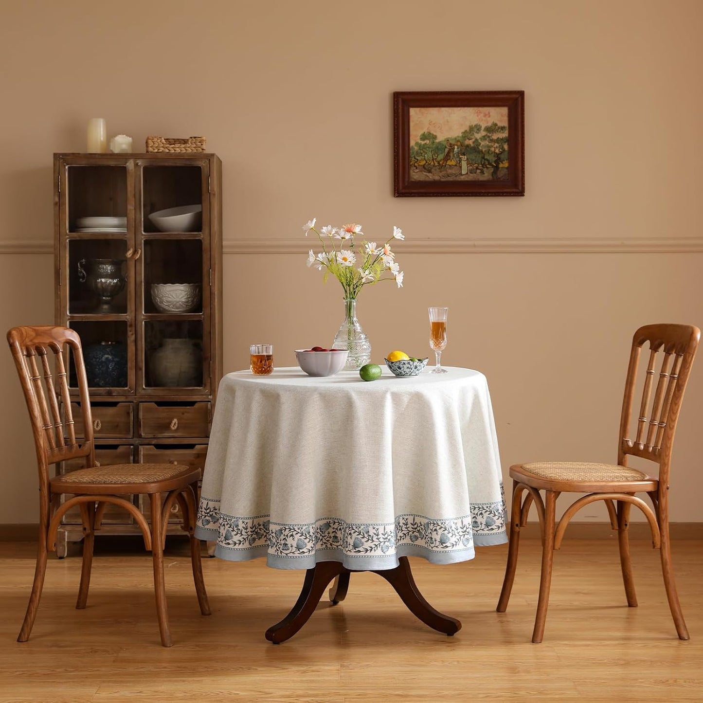 ISAENNE Designer Vintage Linen Elegant Round Tablecloth,Chinoiserie Floral Indoor Table Cloth,Wrinkle Resistant Decor Table Cover for Dining Thanksgiving Kitchen,Diameter 67"-Segerman B