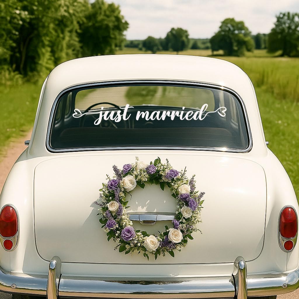 Just Married Vinyl Decal – White Wedding Car Sticker, 28 x 3.8 inch, Just Married Car Window Decal for Newlyweds, Waterproof Wedding Decoration for Rear Windshield or Bumper.