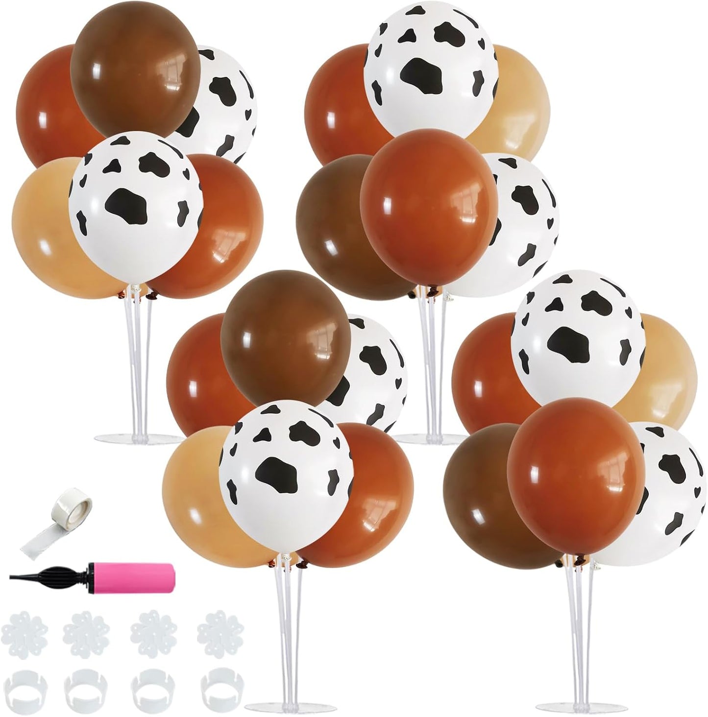 TONIFUL 4 Set Western Balloon,Brown Nude Cow Print Latex Cowboy Balloon Stand Centerpiece Table Decorations for Farm Cowboy Western Baby Shower Birthday Party Decorations