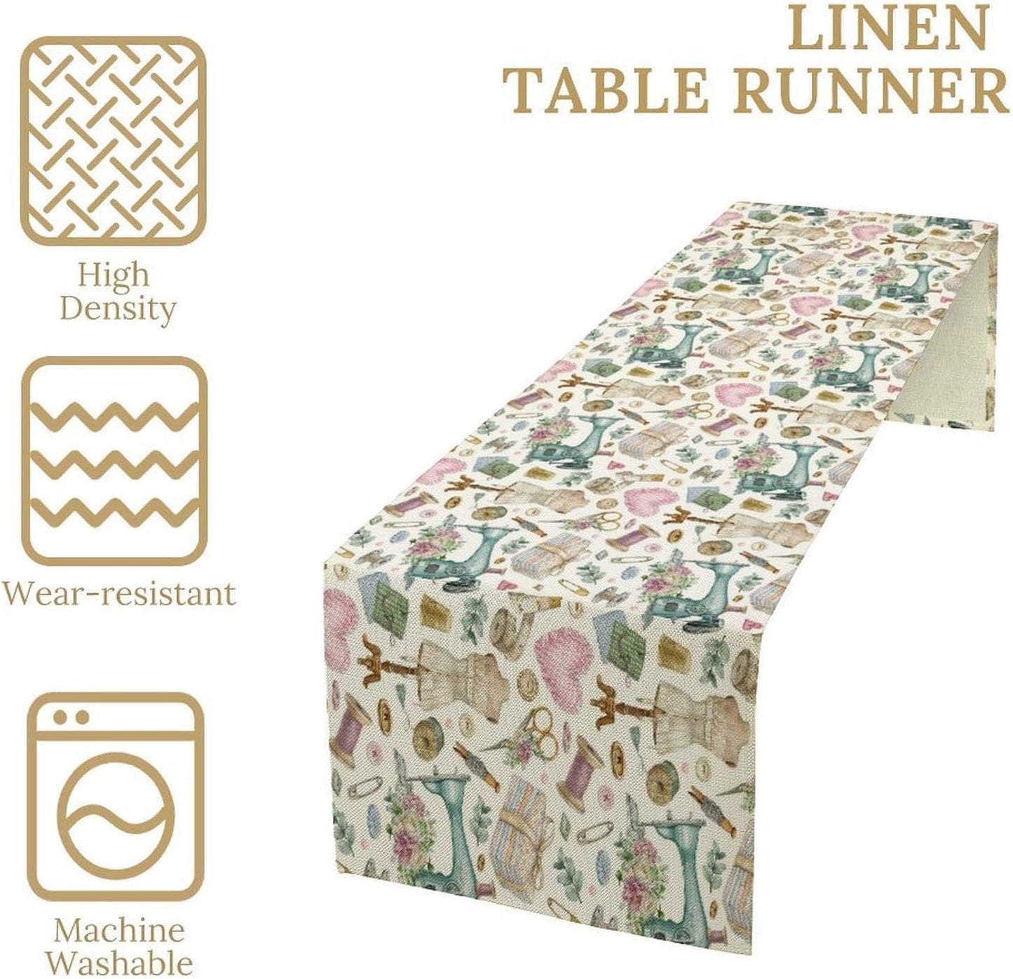 Sewing Theme Table Runner,Vintage Sewing Machine Tool Watercolor Pattern Print Tablecloth Burlap for Hotel Indoors Outdoor Dining Room Kitchen Home Decor,W13X L70 in