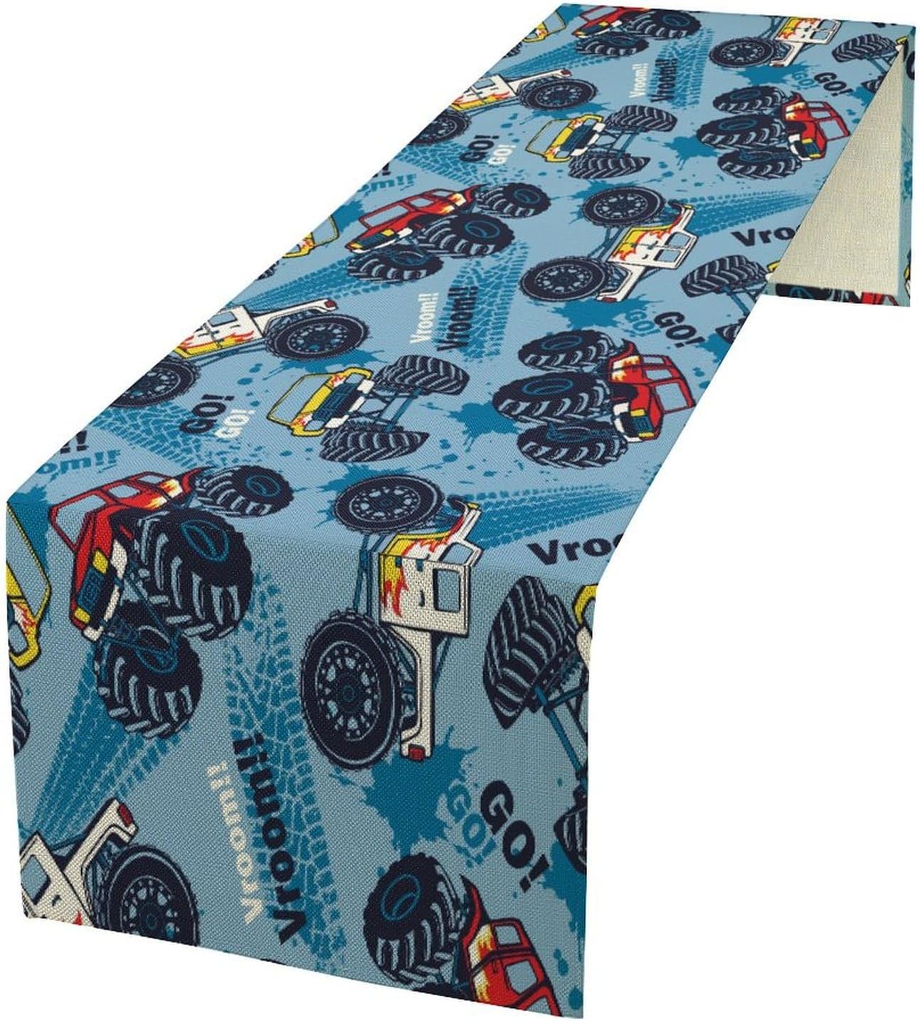 Monster Truck Table Runner,for Kids Boys Cool Colorful Cartoon Blue Cars Pattern Print Tablecloth Burlap for Hotel Indoors Outdoor Dining Room Kitchen Home Decor,W13X L36 in