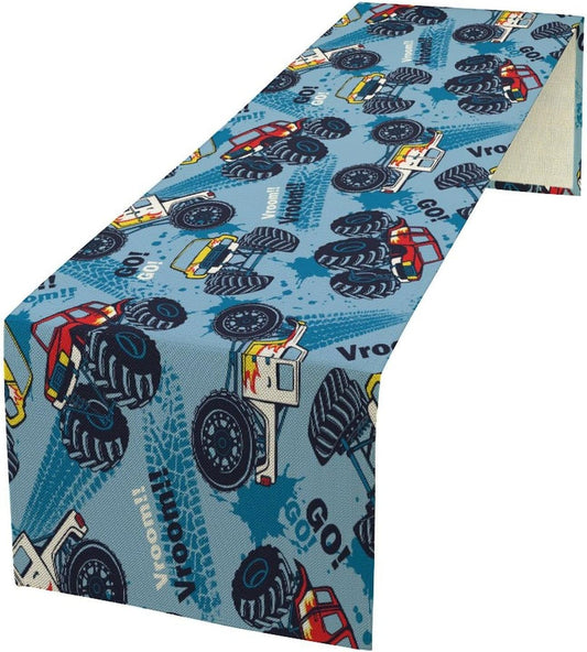 Monster Truck Table Runner,for Kids Boys Cool Colorful Cartoon Blue Cars Pattern Print Tablecloth Burlap for Hotel Indoors Outdoor Dining Room Kitchen Home Decor,W13X L60 in