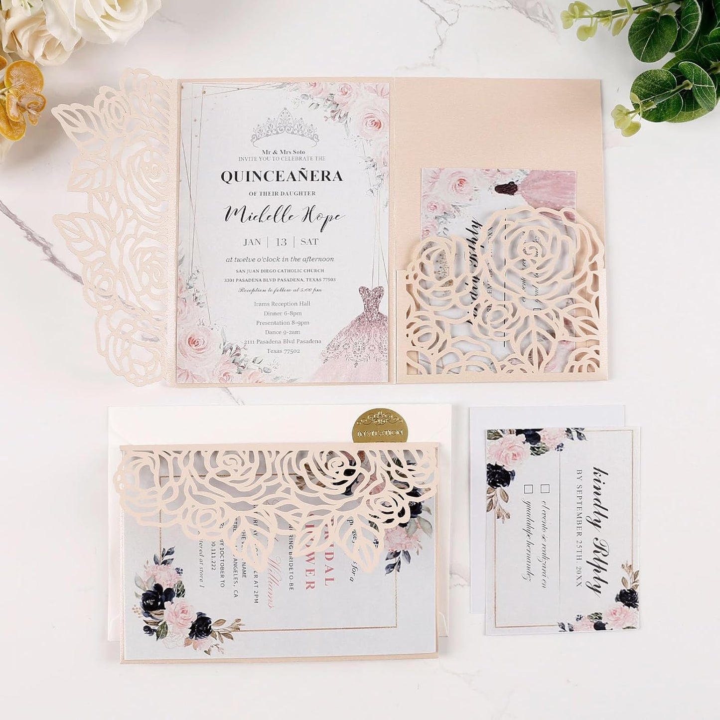 50pcs Tri-Fold Laser Cut Invitation with Envelope Blank Inner Sheets RSVP Cards Personalized Wedding Invitations for Bridal Shower QuinceañEra Engagement Birthday Invites 5X7 Inch Blush Pink