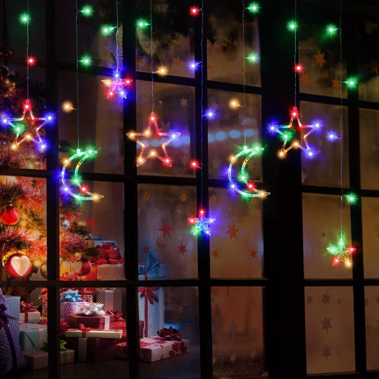 PUHONG Christmas String Lights, 138 LEDs Curtain Lights with 8 Light Modes, 11.48FT Star Moon Indoor Outdoor Fairy String for Window, Bedroom, Wall, Home, Ramadan, Christmas Decoration - Multicolored