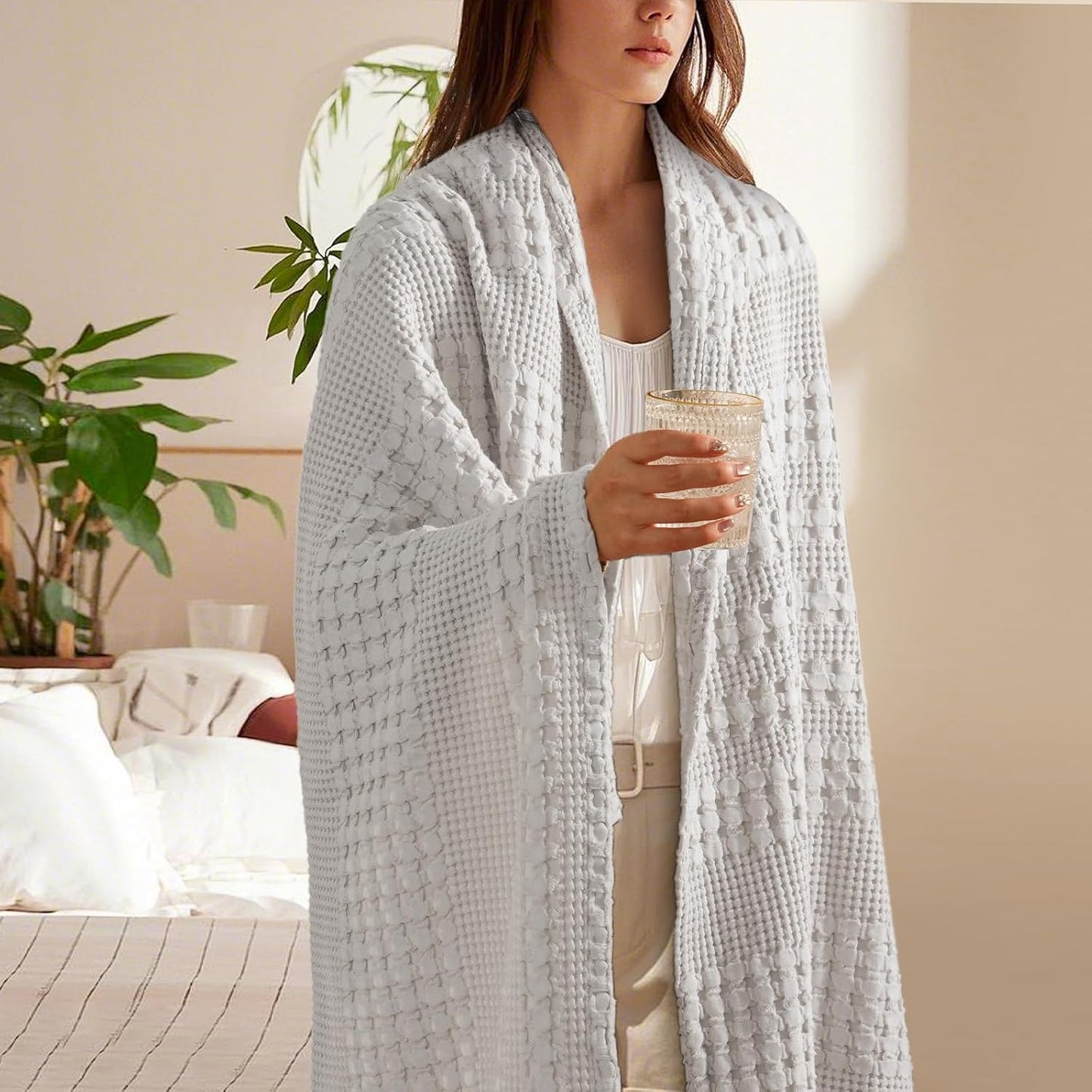 PHF 100% Cotton Waffle Weave Throw Blanket, Soft Lightweight Breathable Cozy Throws for Couch Bed Sofa, Luxury Aesthetic Woven Blanket for Home Decor & Office, 50"x60", Light Grey