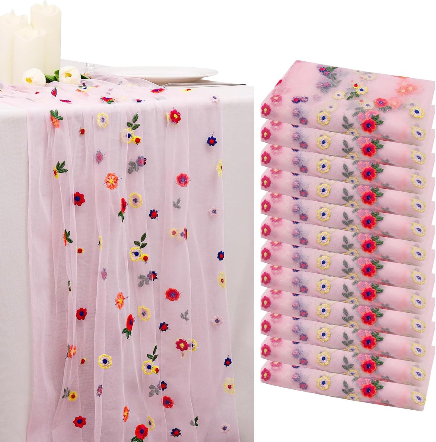 BINBE 12pcs Daisy Fall Table Runner Embroidery Gauze 10FT Florals Seasonal Tulle Holiday Birthday Kitchen Dining Table Decor for Home Party Pink