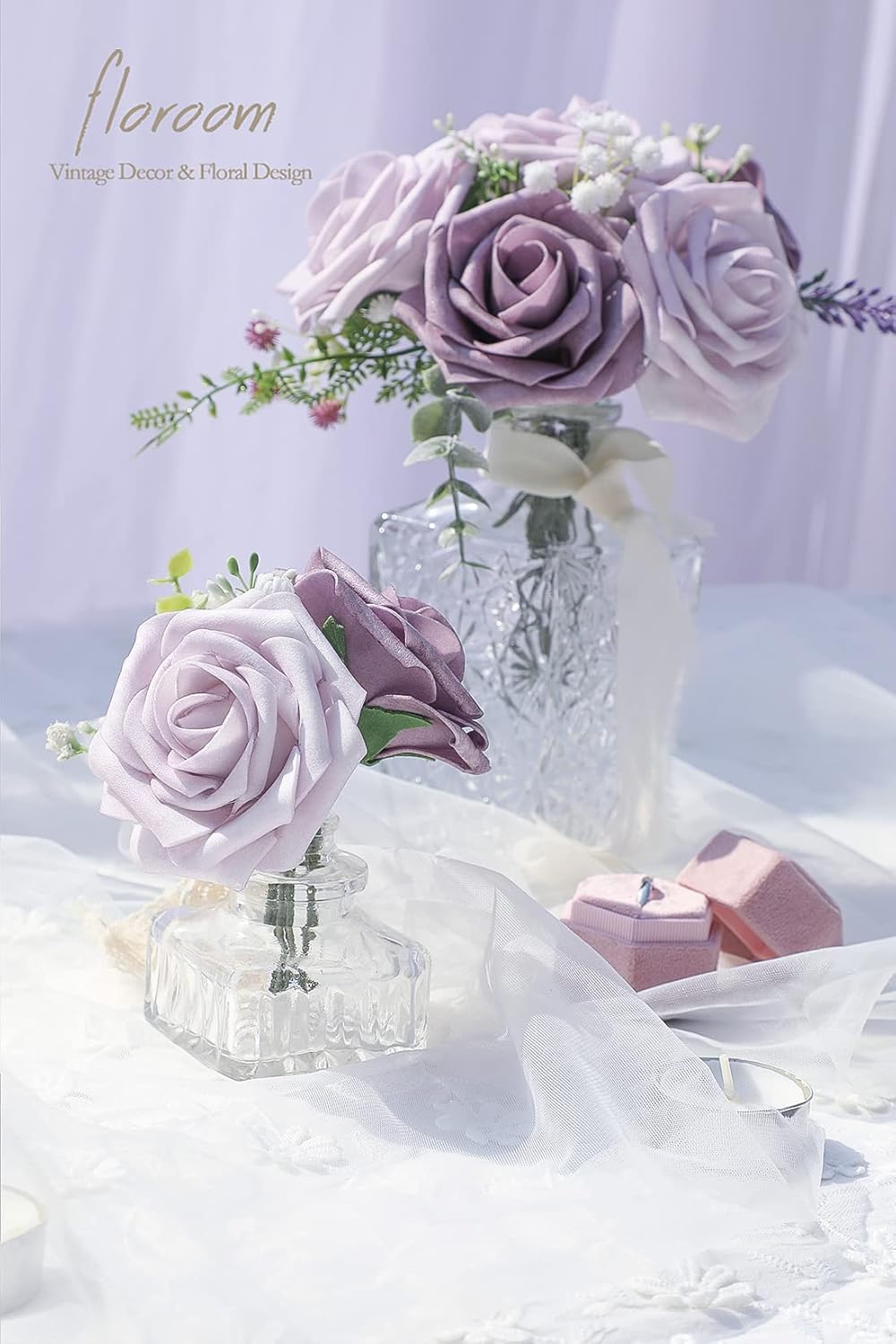 Floroom Artificial Flowers 25pcs Real Looking Lavender African Violet Purple Foam Fake Roses with Stems for DIY Wedding Bouquets Bridal Shower Centerpieces Floral Arrangements Party Tables Decorations