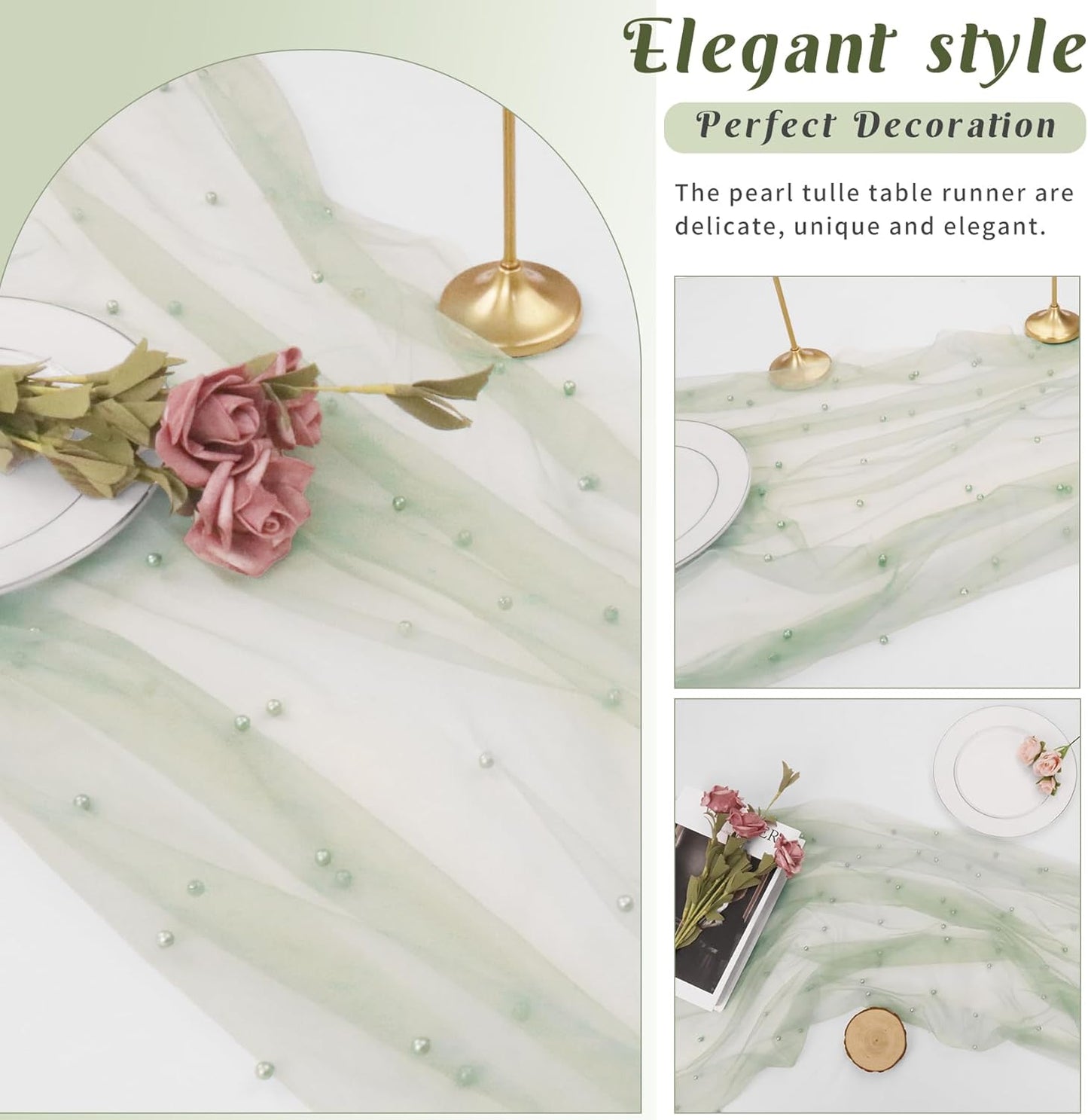 Pearl Table Runner 29 x 120 Inch Tulle Fabric Lace Table Runners Boho Rustic Tablecloth for Bridal Shower Birthday Party Wedding Arch Aisle Veil Dessert Table Decor(1 Pack, Sage Green)