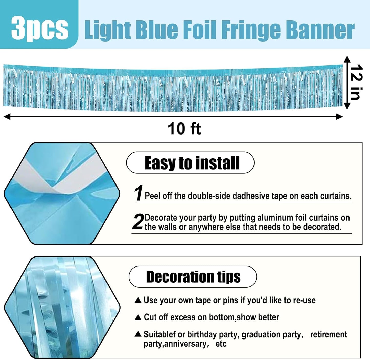 3 Pack 10 Feet Light Blue Metallic Foil Fringe Garland Wall Hanging Tassle Banner, Mother's Day, Easter, Parade Floats, Birthday, Theme Party, Wedding Party Decorations