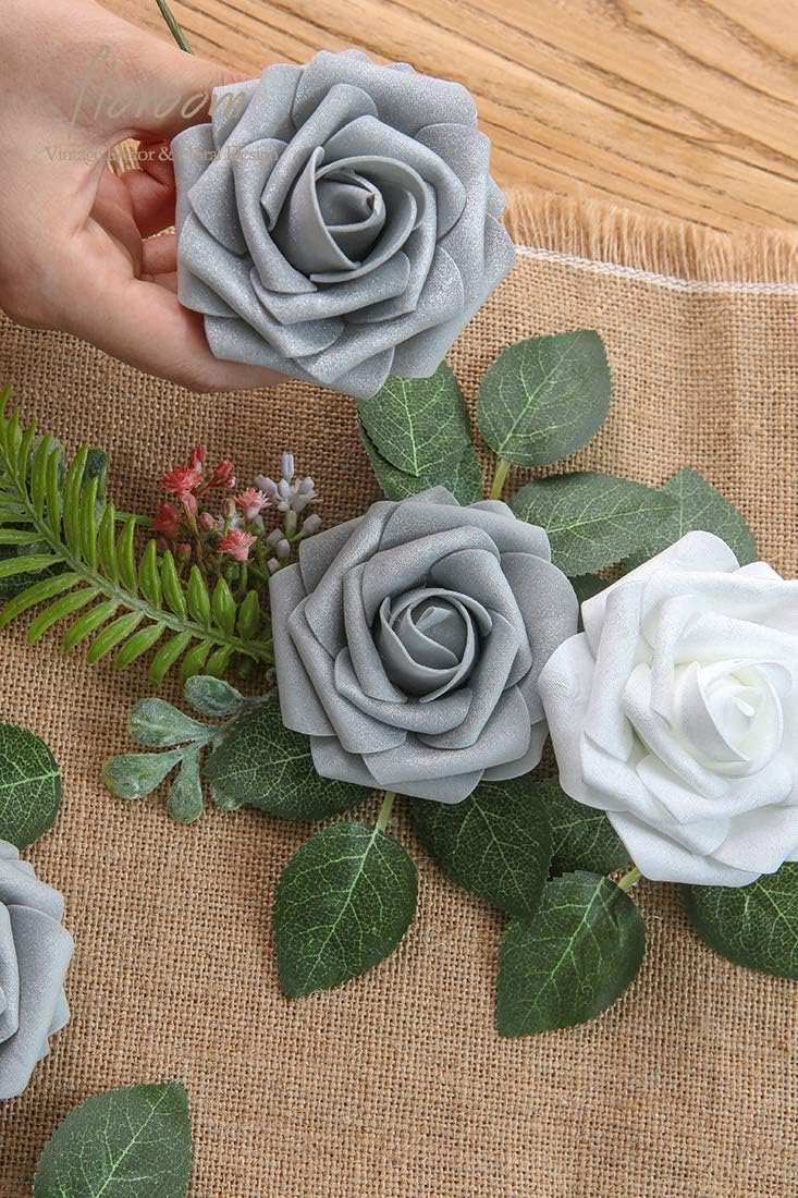 Floroom Artificial Flowers 25pcs Real Looking Shimmer Silver Grey Foam Fake Roses with Stems for DIY Christmas Ornaments Wedding Bouquets Party Tables Centerpieces Floral Arrangements Home Decorations