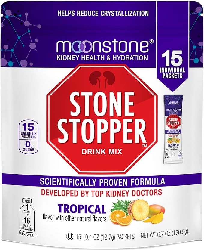 Moonstone Kidney Stone Stopper Drink Mix Tropical Flavor, Outperforms Chanca Piedra & Kidney Support Supplements, Developed by Urologists to Prevent Kidney Stones and Improve Hydration, 15 Day Supply