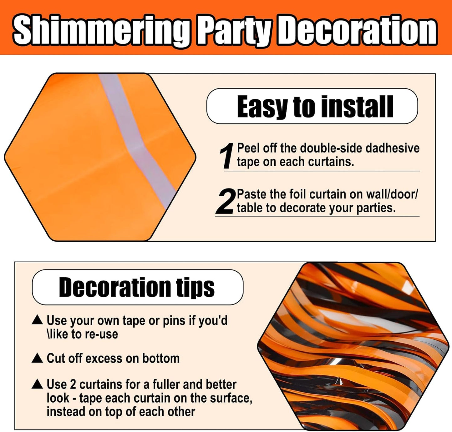 3 Pack Black Orange Foil Fringe Curtain Backdrop, 3.28Ft x 8.2Ft Metallic Tinsel Foil Fringe Streamer Curtains for Photo Booth, Christmas Day, Thanksgiving, Wedding, New Year Party Decorations