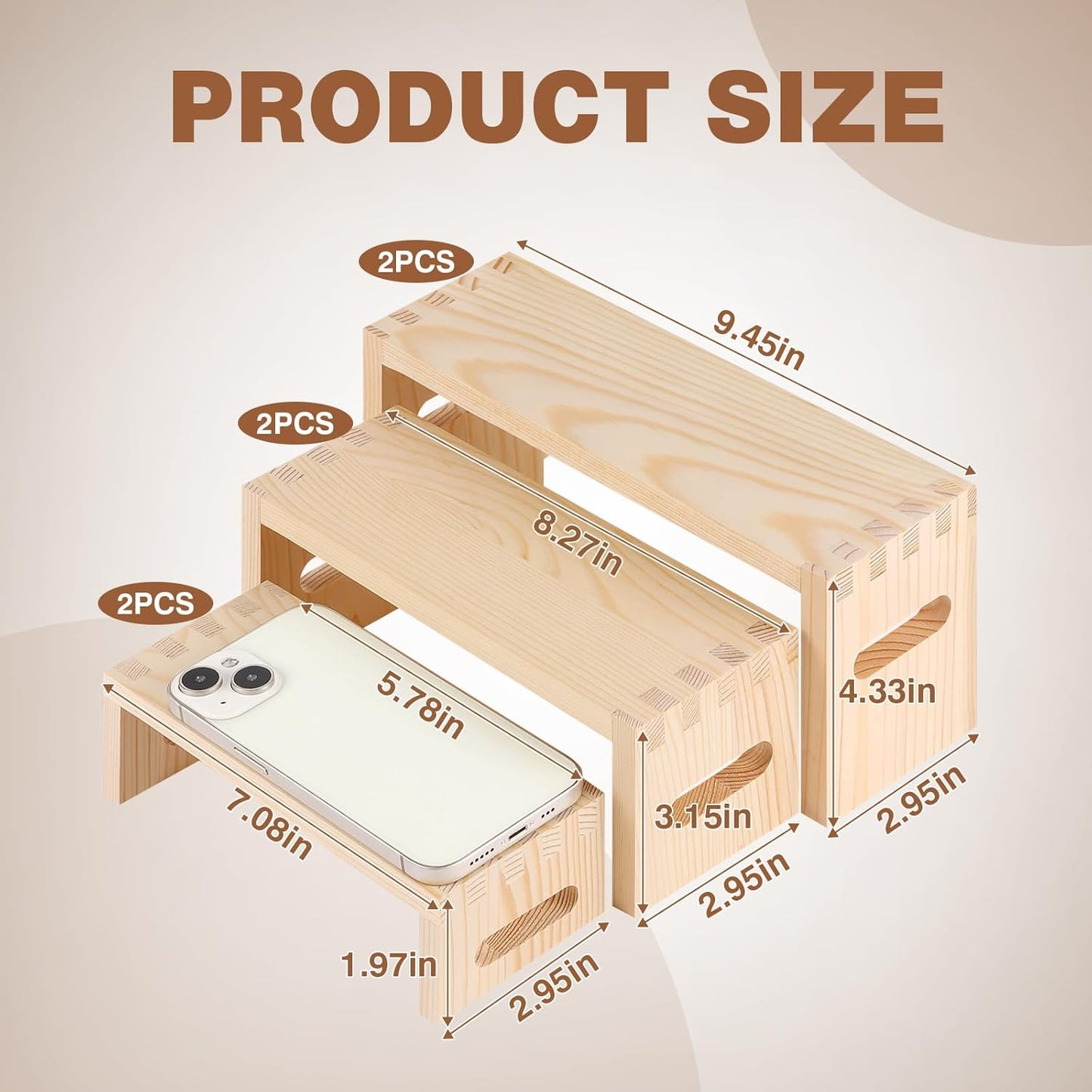 6 Pcs Wood Risers Display Stands, 2 Set Wooden Risers for Table Display, 3 Tier Rectangular Riser Display Stand Wooden for Cupcake, Desserts, Perfume, Collections, Jewelry Showcase (Nature)