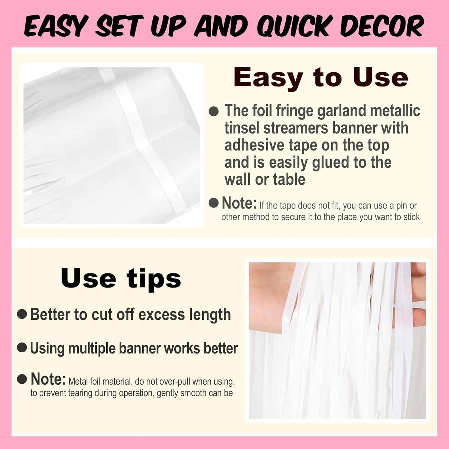 6 Pack 10 Ft Macaron White Foil Fringe Garland Metallic Streamers Tinsel Banner Wall Hanging Garland Backdrop for Parade Floats, Halloween, Christmas, Thanksgiving, New Year Party Decorations