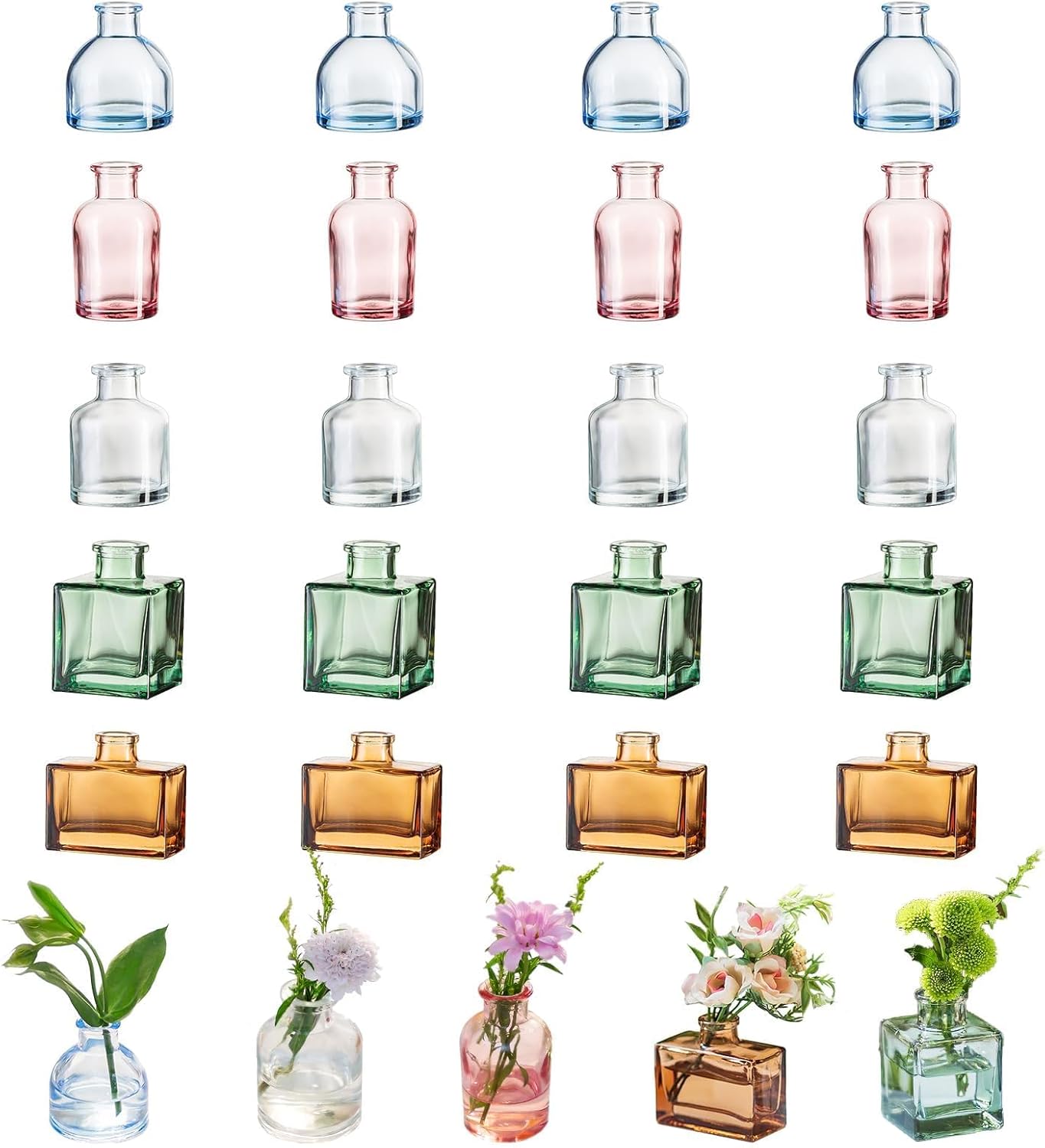 Glasseam Mini Bud Vases for Centerpieces: Colored Small Flower Vase Set of 20 Cute Tiny Glass Vases for Flowers Modern Decorative Wedding Table Centerpiece for Dining Room Decoration