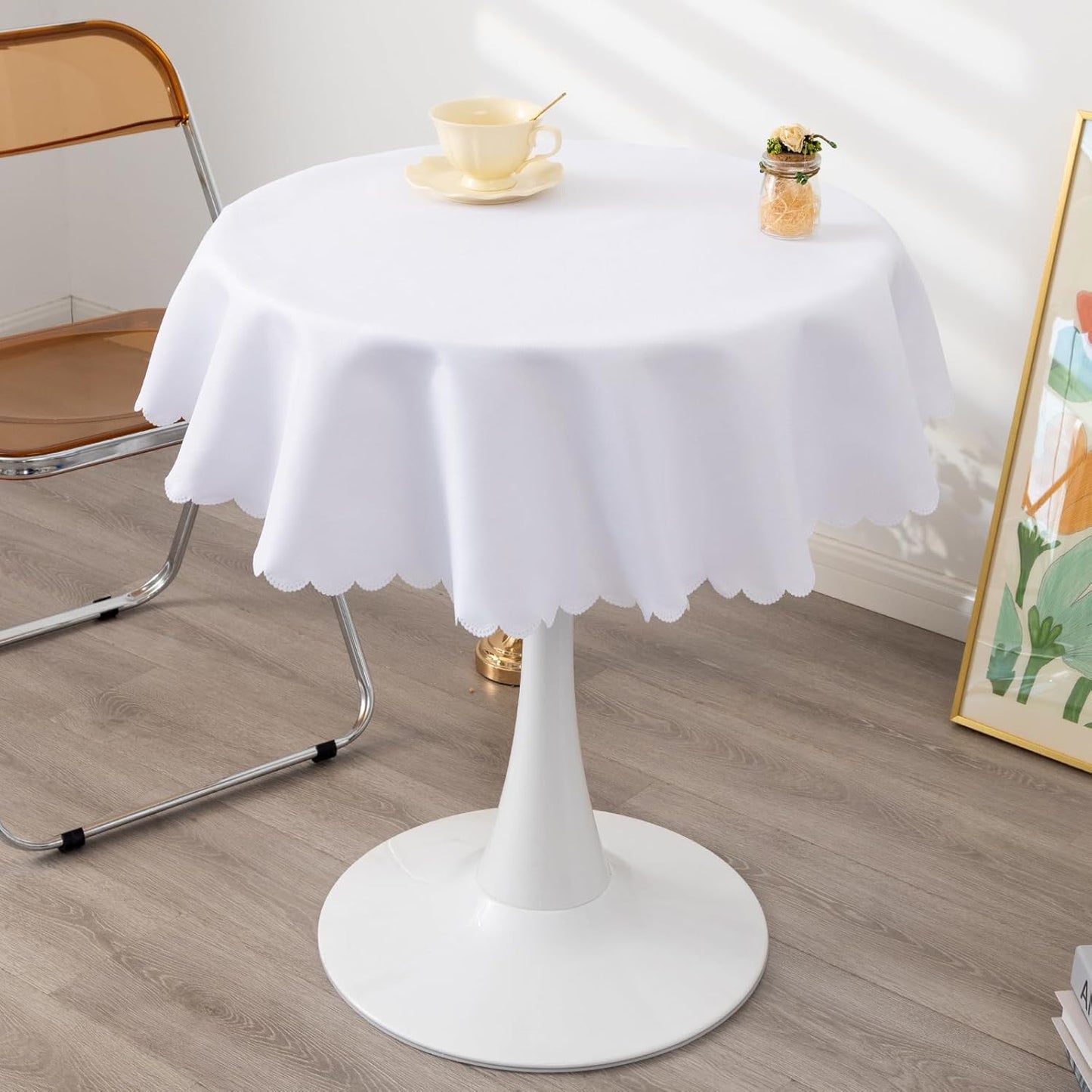 Round White Tablecloth 48 Inch Polyester Fabric Washable Table Cloth Decorative Wrinkle Resistant Solid Color Table Cover for Kitchen Dinning Party Wedding Camping