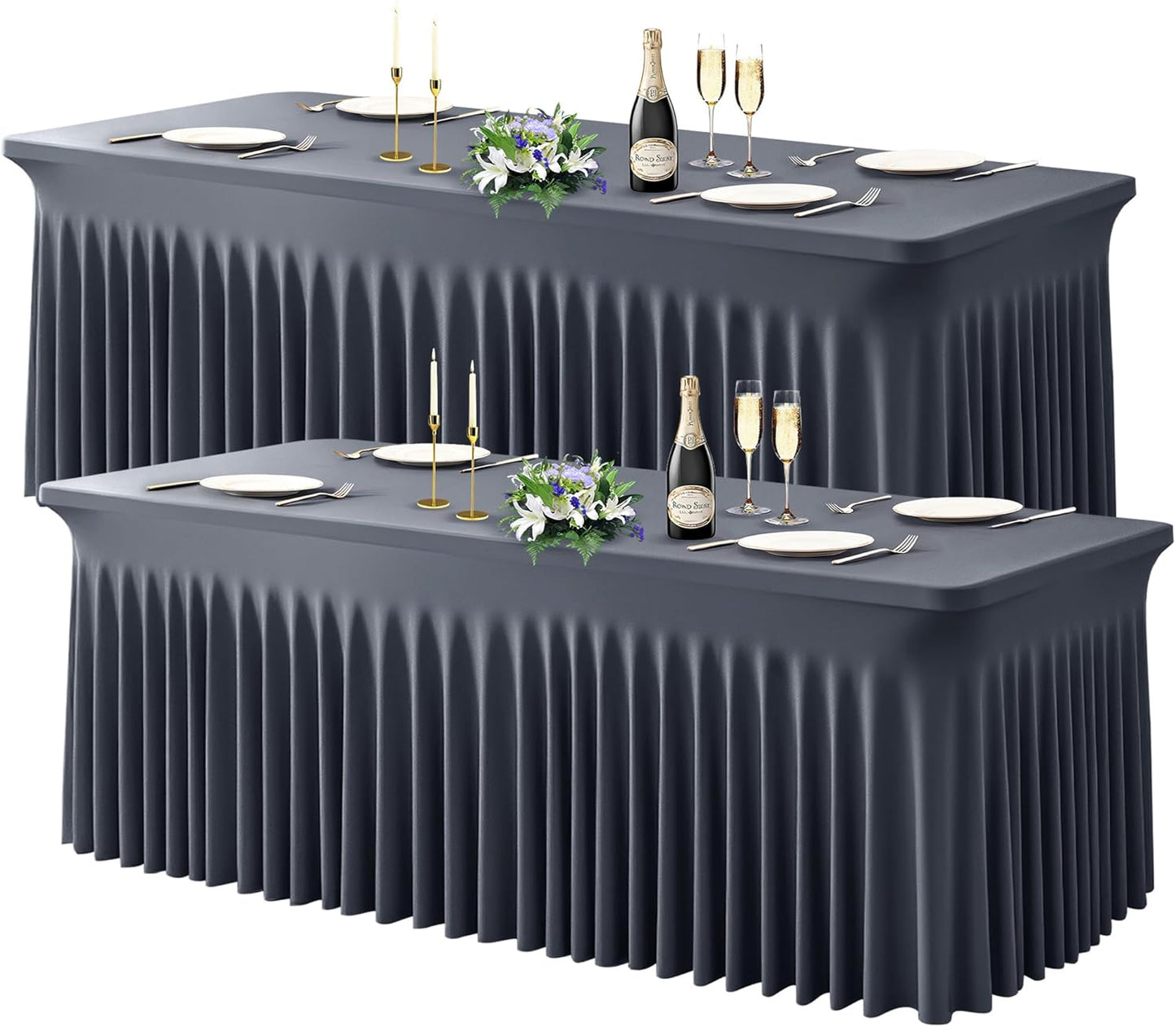Wish Care 2 Pack Gray Spandex Table Clothes for 8 Foot Rectangle Tables, 8FT Wrinkle Free Fitted Tablecloths Ruffles Design Table Cover for Party, Banquet, Wedding and Events