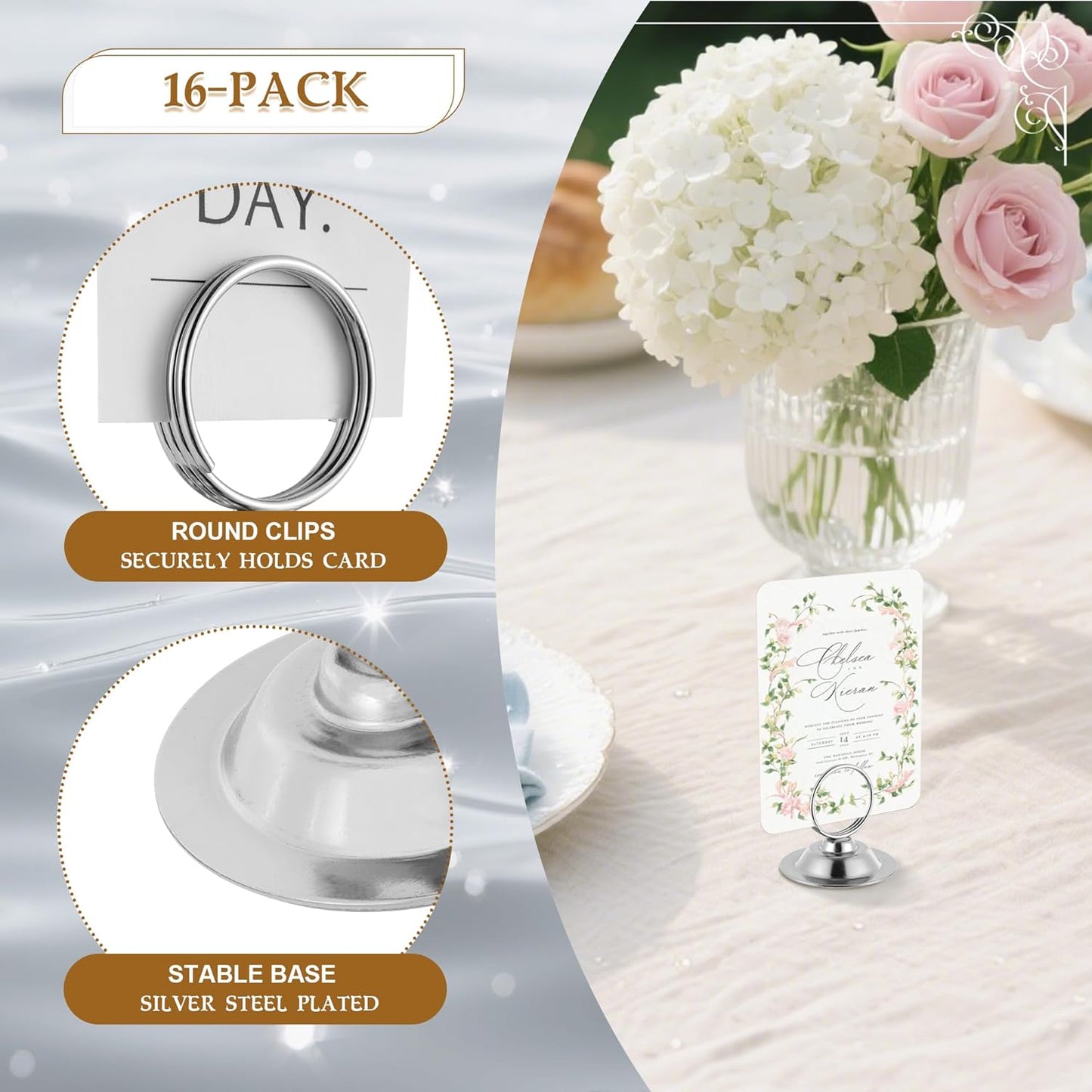 Urban Deco 16 PK Table Card Holder Place Card Holders Steel Card Holders for Photos, Food Signs, Memo Notes, Weddings, Restaurants, Birthday (Silver)