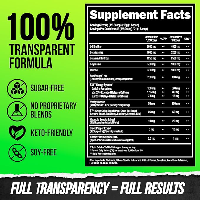 ALPHA LION Superhuman Extreme High Stim Pre Workout Powder, Beta Alanine, L-Taurine & 356mg Tri-Source Caffeine for Sustained Energy, Nitric Oxide & Citrulline for Pump (21 Servings, Sour Gummy Bear)