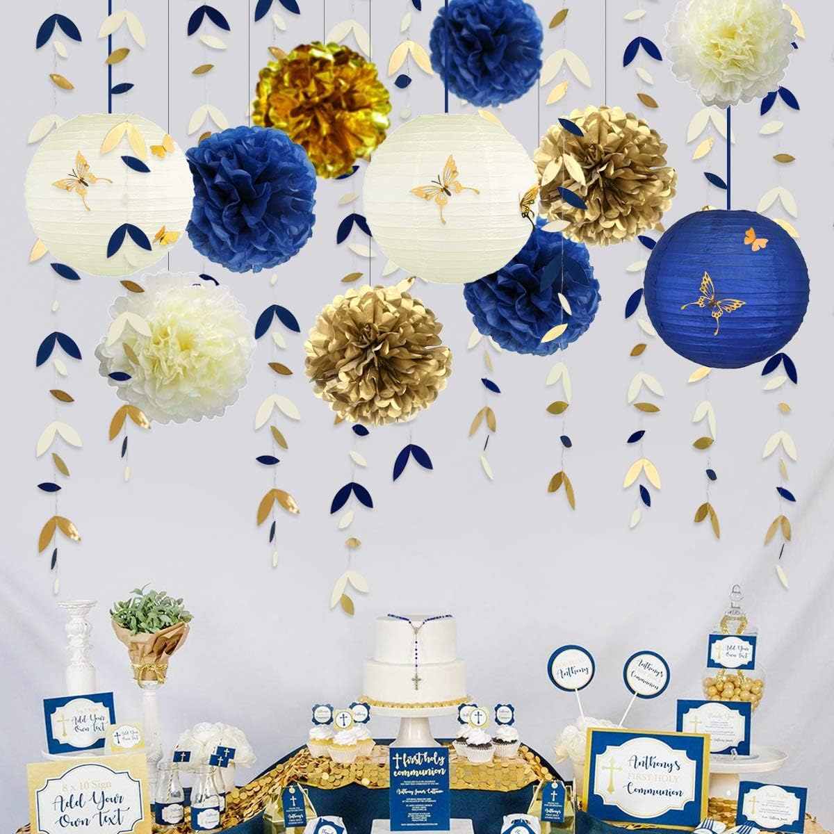 Navy Blue and Gold Party Decoration Kit Lanterns Flowers Pom Pom with Champagne Gold 3D Butterfly Stickers and Leaf Garland Streamers for Birthday Engagement Wedding Bridal Shower Bachelorette Party