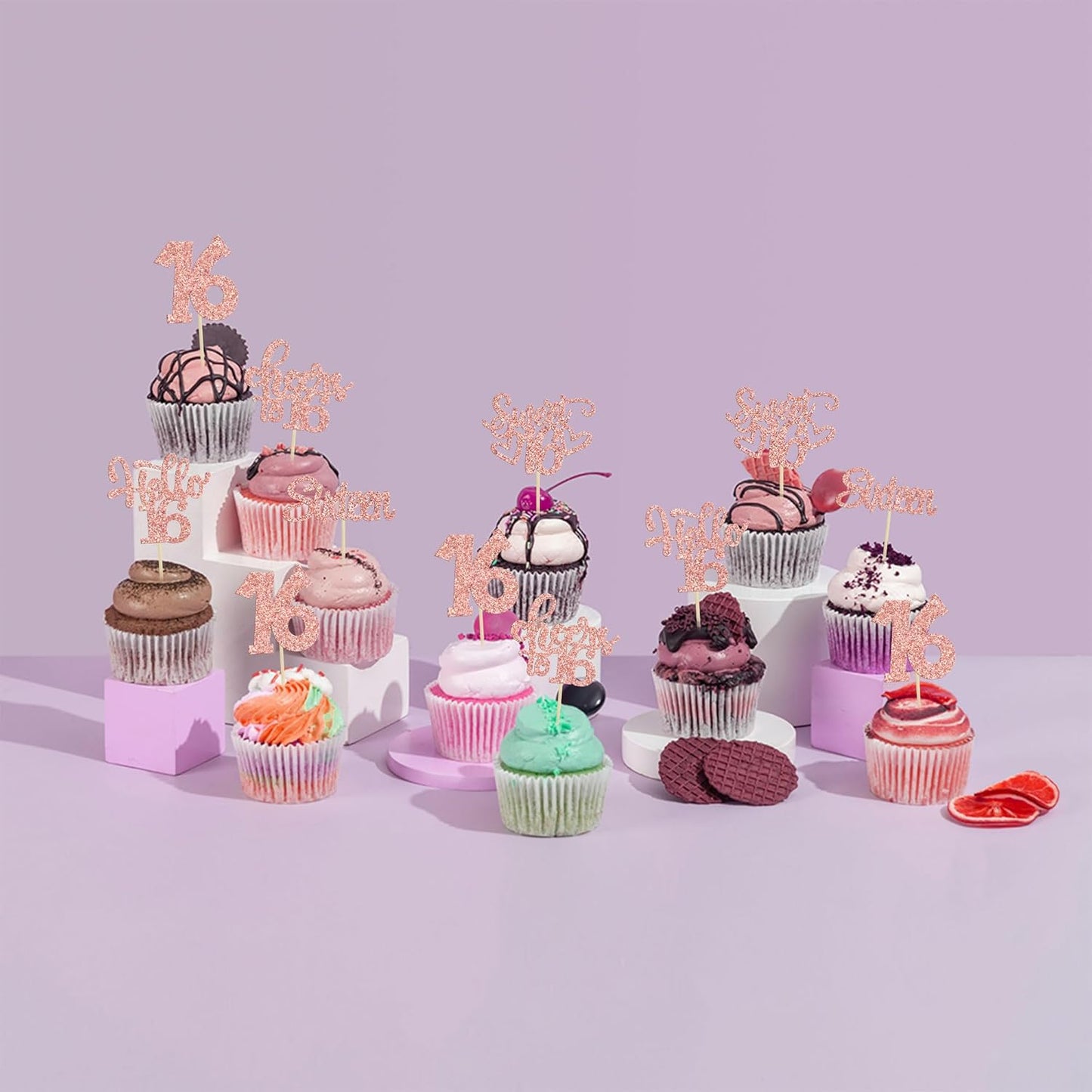 30pcs 16th Birthday Cupcake Toppers - Sixteen Happy Cupcake Picks, Cheers to Sweet 16 Cake Decorations in Rose Gold Glitter