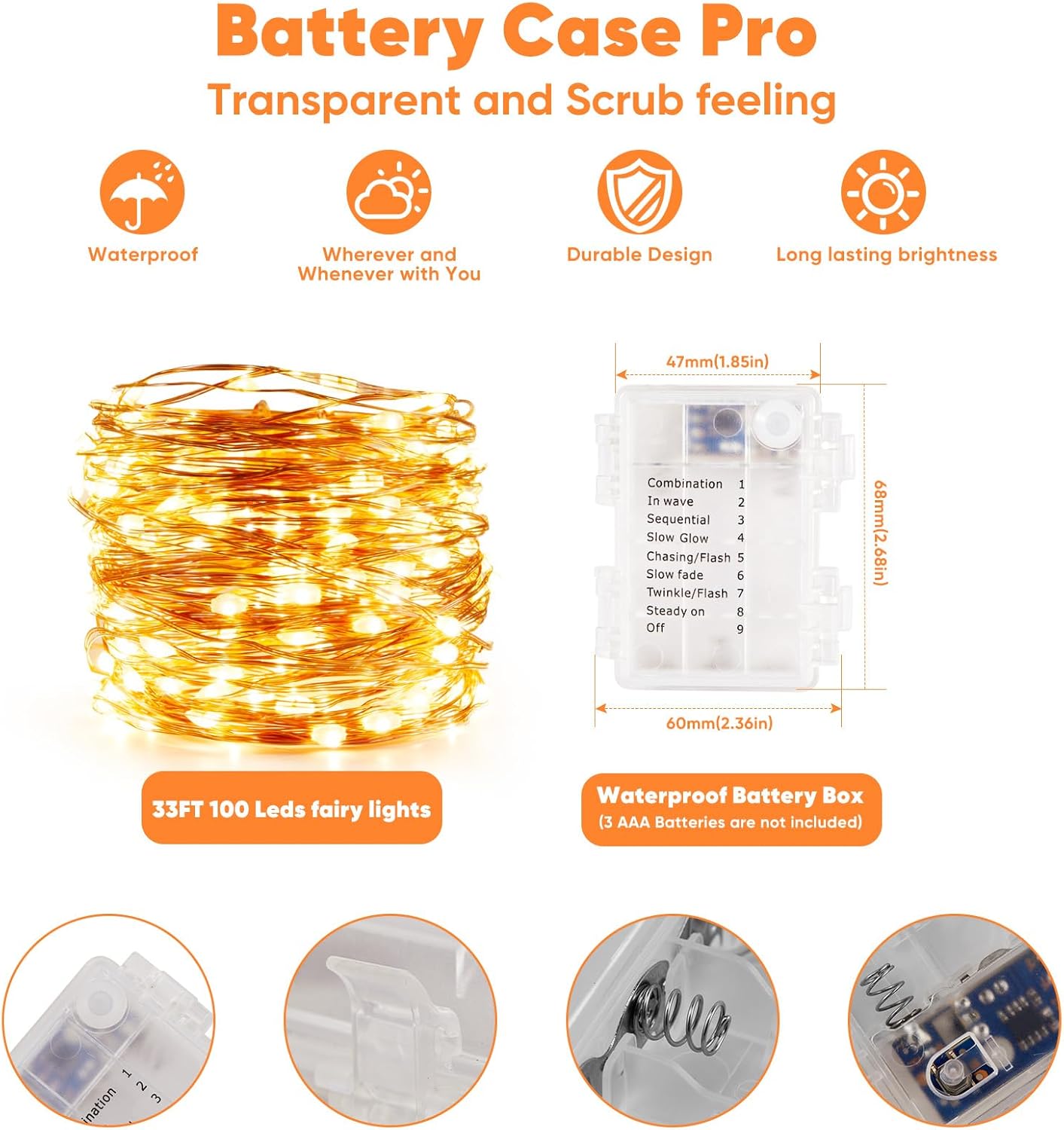 1 Pack 32.8 Ft. Battery Operated Outdoor String Lights with Remote & Timer, LED Warm White Fairy Lights, Waterproof Twinkle Lights for Bedroom, Dorm, Mason Jar, Wedding, Party, Christmas