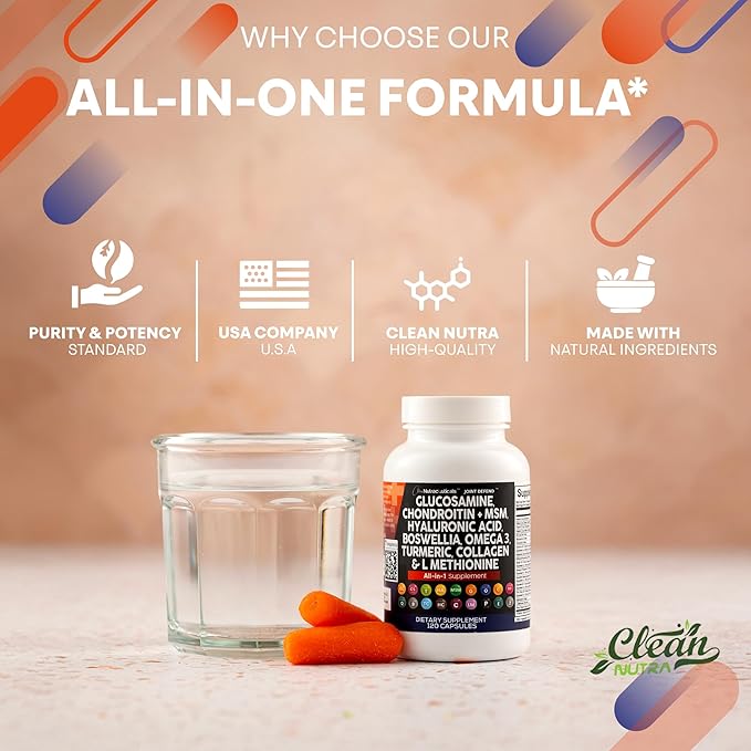 Clean Nutraceuticals Glucosamine Chondroitin MSM 1500mg with Turmeric Curcumin, Collagen, Hyaluronic Acid, Omega 3 – Joint Health Supplement for Men & Women – Joint Complex – 120 Count