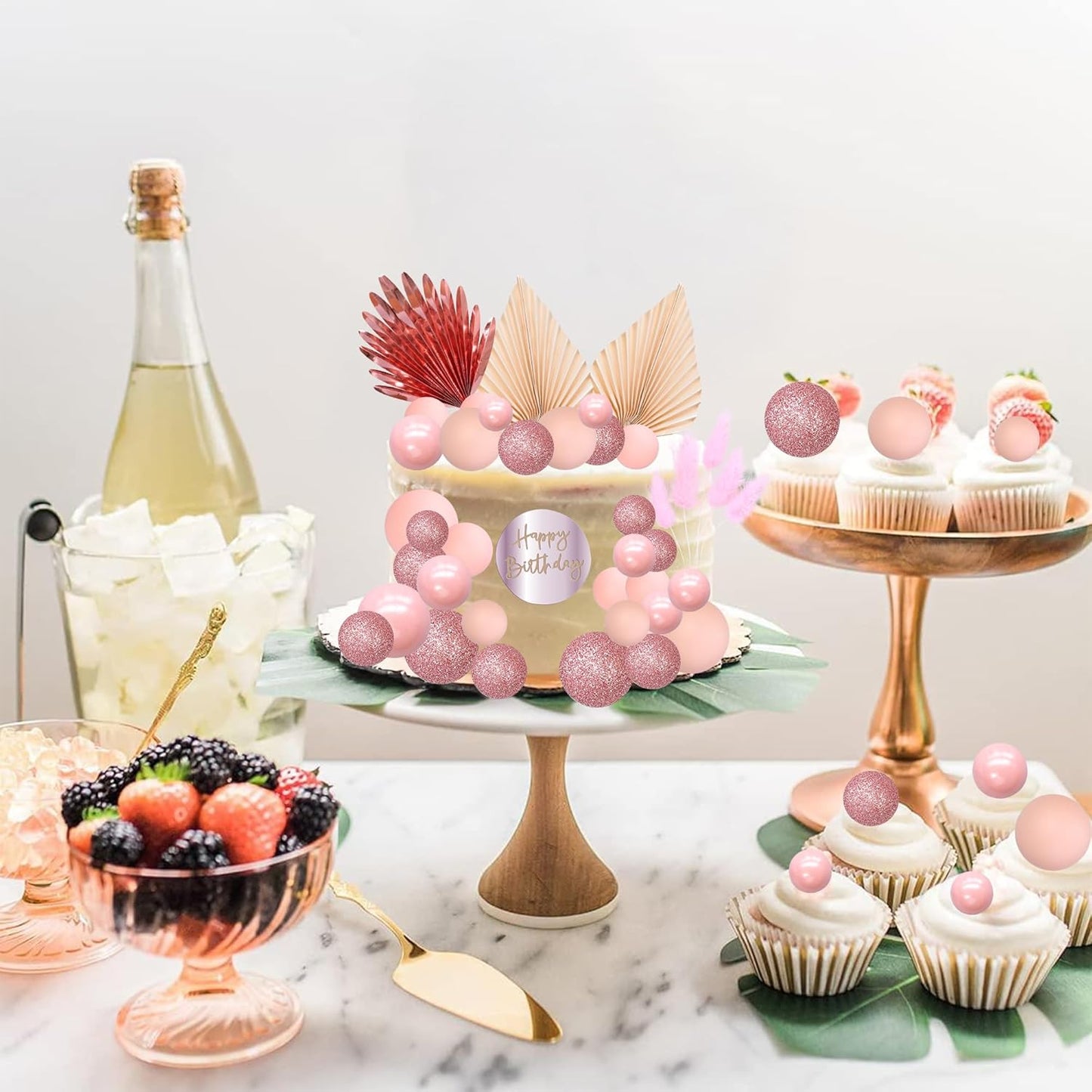 Ephlyn 33 Pack Balls Cake Toppers Boho Palm Leaves Cake Decorations Round Acrylic Happy Birthday Cupcake Toppers for Birthday Wedding Baby Shower Party Supplies Rose Gold